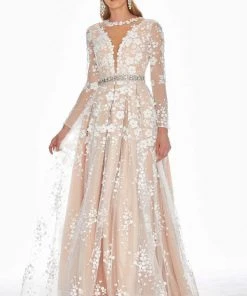 Ashley Lauren - 1396 Embroidered Long Sleeve Bateau A-line Dress