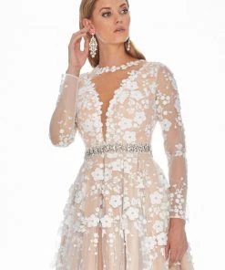 Ashley Lauren - 1396 Embroidered Long Sleeve Bateau A-line Dress