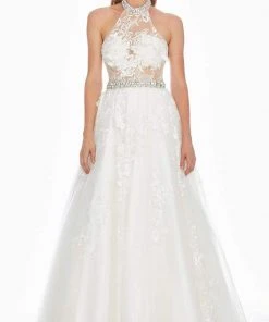 Ashley Lauren - 1402 Embroidered Halter Tulle Ballgown
