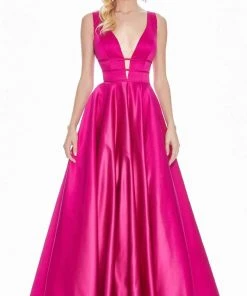 Ashley Lauren - 1409 Plunging V-Neck Satin A-Line Gown