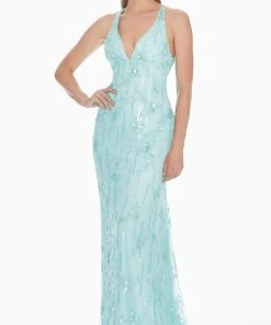 Ashley Lauren - 1421 Floral Plunging V-Neck Evening Gown