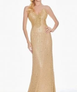 Ashley Lauren - 1451 Beaded Fringe V-Neck Dress