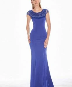 Ashley Lauren - 1517 Cap Sleeve Bead Fringed Crepe Sheath Gown