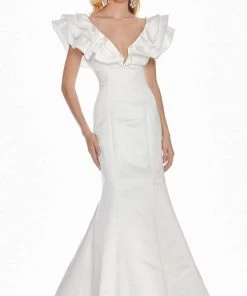 Ashley Lauren - 1566 Ruffled Cap Sleeve Plunging V-Neck Gown