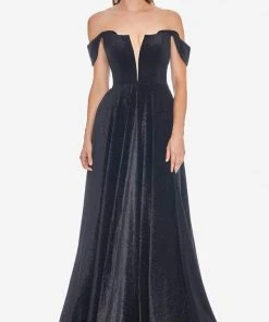 Ashley Lauren - 1567 Deep Off-Shoulder Glitter Velvet A-line Dress