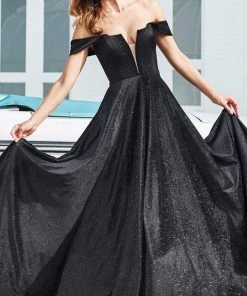 Ashley Lauren - 1567 Deep Off-Shoulder Glitter Velvet A-line Dress