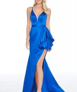 Ashley Lauren - 1581 Deep V-neck Satin Trumpet Dress