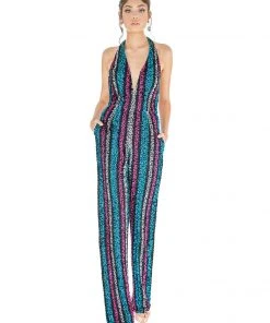 Ashley Lauren - 1616 Beaded Striped Deep V-neck Jumpsuit