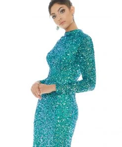 Ashley Lauren - 1625 Allover Sequin Long Sleeve Sheath Evening Gown