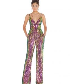 Ashley Lauren - 1726 Allover Sequin Sleeveless V Neck Jumpsuit