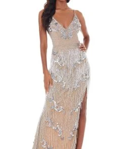 Ashley Lauren - 1817X Beaded Fringe Plunging V Neck Dress