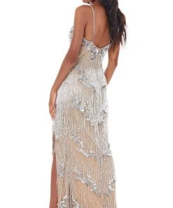 Ashley Lauren - 1817X Beaded Fringe Plunging V Neck Dress