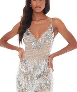 Ashley Lauren - 1817X Beaded Fringe Plunging V Neck Dress 7 Ashley Lauren - 1817X Beaded Fringe Plunging V Neck Dress