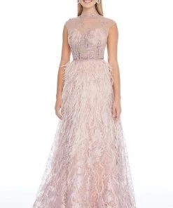 Ashley Lauren - 1886 Embroidered High Neck Feathered A-line Dress