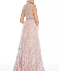Ashley Lauren - 1886 Embroidered High Neck Feathered A-line Dress