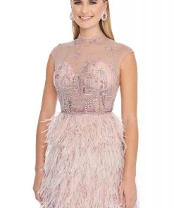 Ashley Lauren - 1886 Embroidered High Neck Feathered A-line Dress