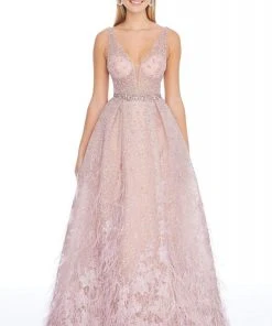 Ashley Lauren - 1889 Embroidered Deep V-neck Pleated Ballgown