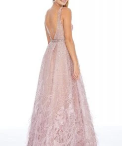 Ashley Lauren - 1889 Embroidered Deep V-neck Pleated Ballgown