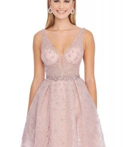 Ashley Lauren - 1889 Embroidered Deep V-neck Pleated Ballgown