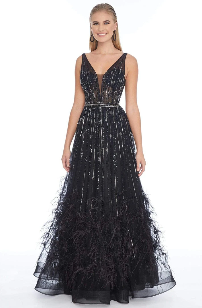 Ashley Lauren - 1902 Beaded Deep V-neck Feathered A-line Gown 6 Ashley Lauren - 1902 Beaded Deep V-neck Feathered A-line Gown