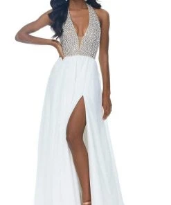 Ashley Lauren - 1989 Plunging Halter A-Line Gown With Slit