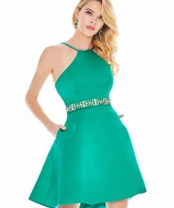 Ashley Lauren - 4071 Satin Halter Neck Crystal Beaded Belt Short Dress