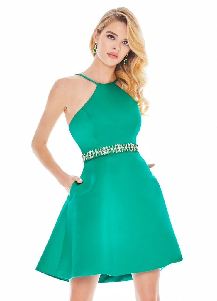 Ashley Lauren - 4071 Satin Halter Neck Crystal Beaded Belt Short Dress 3 Ashley Lauren - 4071 Satin Halter Neck Crystal Beaded Belt Short Dress