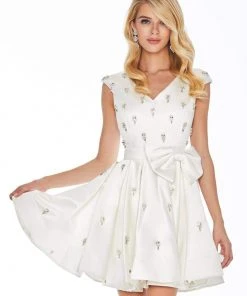 Ashley Lauren - 4080 Beaded Cap Sleeve Bow-Ornate Satin Dress
