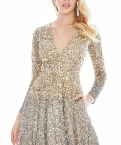Ashley Lauren - 4124 Ombre Sequined Plunging V-neck A-line Dress