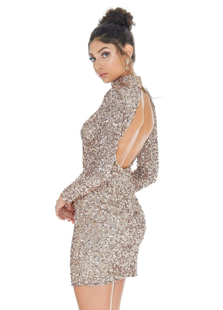 Ashley Lauren - 4252 Long Sleeve Open Back Sequined Cocktail Dress 10 Ashley Lauren - 4252 Long Sleeve Open Back Sequined Cocktail Dress