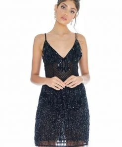 Ashley Lauren - 4261 Bead-Fringed Cocktail Sheer Dress