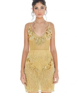 Ashley Lauren - 4261 Bead-Fringed Cocktail Sheer Dress