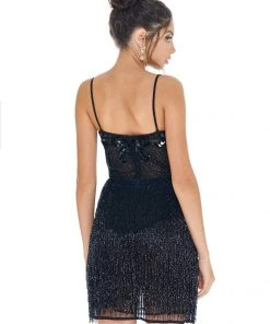 Ashley Lauren - 4261 Bead-Fringed Cocktail Sheer Dress