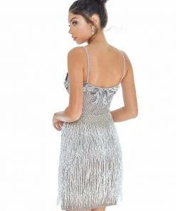 Ashley Lauren - 4261 Bead-Fringed Cocktail Sheer Dress