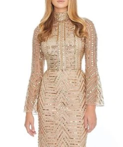 Ashley Lauren - 4265 Embellished Bell Sleeve High Neck Fitted Dress
