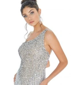 Ashley Lauren - 4273 Sequined One Shoulder Fringe Sheath Dress