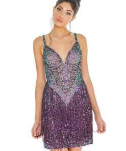 Ashley Lauren - 4276 Beaded Plunging V-neck Fringe Sheath Dress