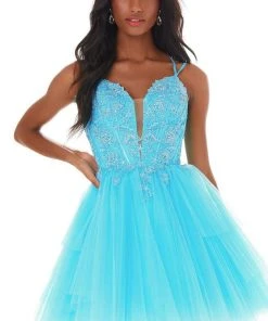 Ashley Lauren - 4299 Embroidered Deep V Neck Tulle A-line Dress