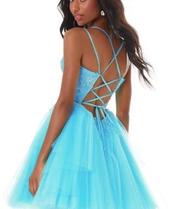 Ashley Lauren - 4299 Embroidered Deep V Neck Tulle A-line Dress