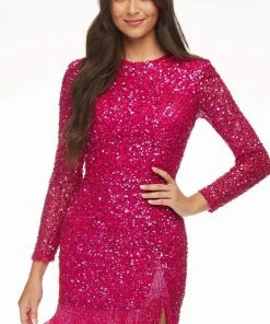 Ashley Lauren - 4438 Beaded Long Sleeve Fringe Sheath Dress