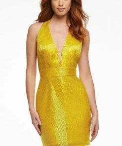 Ashley Lauren - 4459 Bead-Showered Plunging Cocktail Dress