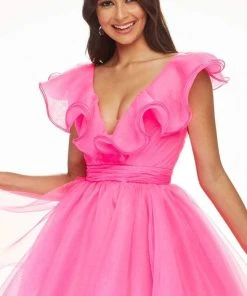 Ashley Lauren - 4464 Ruffled Plunging V-Neck Cocktail Dress