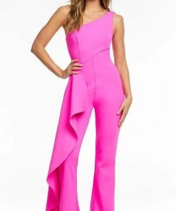 Ashley Lauren - One Shoulder Cascade Jumpsuit 11152 - 1 Pc Fuchsia In Size 10 Available