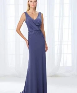 Cameron Blake By Mon Cheri Cameron Blake - 118666 V-Neck Draped Overlay Jersey Dress