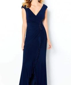 Cameron Blake By Mon Cheri - 220634 V Neck Ruffle Drape Jersey Gown