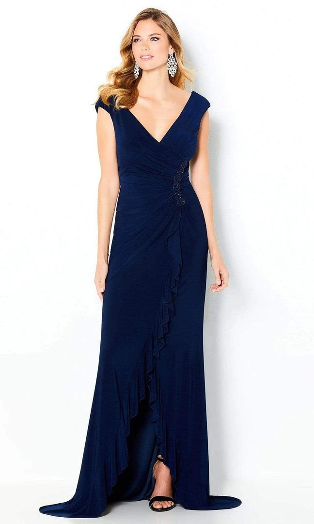 Cameron Blake By Mon Cheri - 220634 V Neck Ruffle Drape Jersey Gown 3 Cameron Blake By Mon Cheri - 220634 V Neck Ruffle Drape Jersey Gown