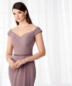 Cameron Blake By Mon Cheri Cameron Blake - Off Shoulder Pleated Chiffon Formal Gown 218626 - 1 Pc Blue Willow In Size 14 Available