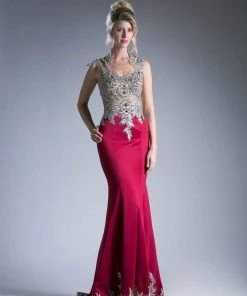 Cinderella Divine - 7263 Cap Sleeve Gilded Lace Queen Anne Long Gown