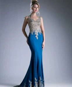 Cinderella Divine - 7263 Cap Sleeve Gilded Lace Queen Anne Long Gown