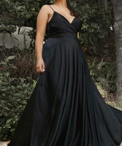 Cinderella Divine - 7485C Spaghetti Strap High Slit Gown